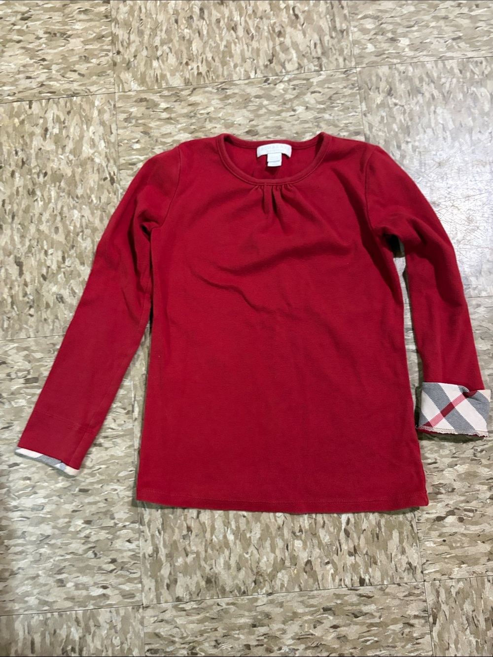 Burberry Girls Red Long-Sleeve Tee with Plaid Cuff - Picture 1 of 7